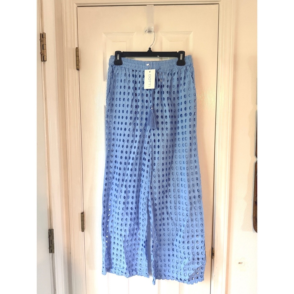 Dotti Peri Blue Eyelet Swim Cover-Up Pants Wide Leg Tassel Drawstring NEW Small
